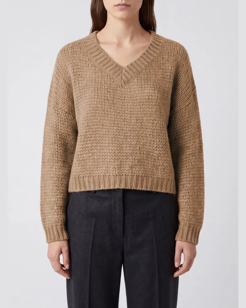 Roberto Collina V-Ausschnitt-Pullover aus Alpaka-Wollmischung mit Rippbündchen Camel