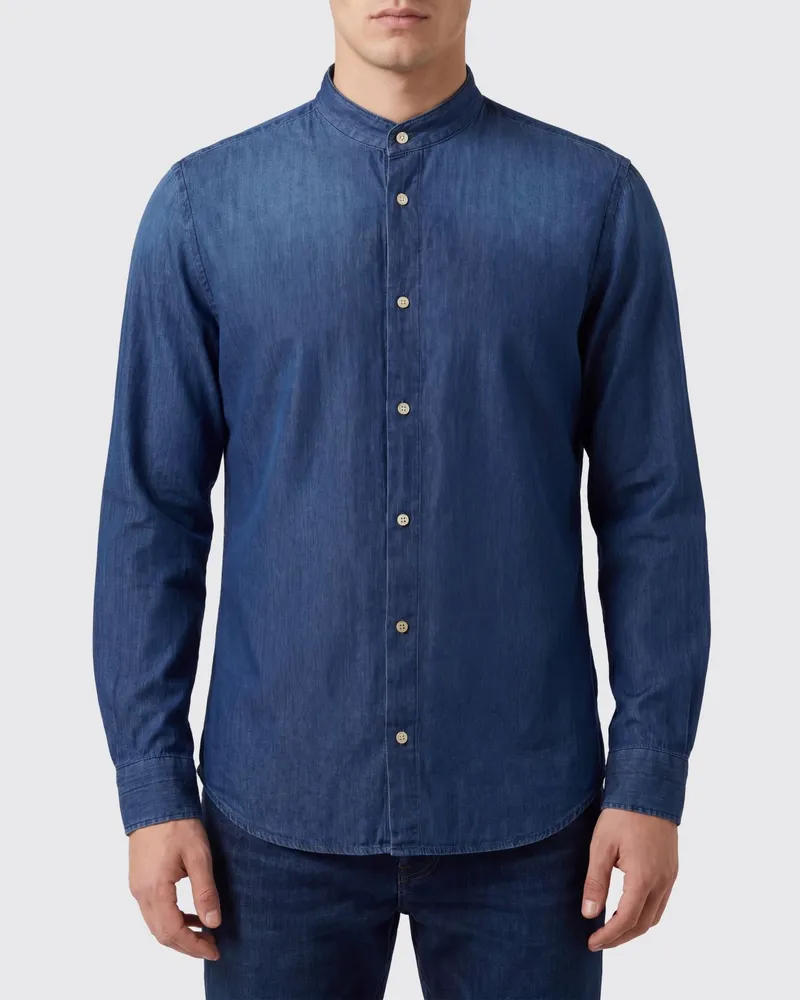 Boglioli Langärmeliges Baumwoll-Denimhemd von mit Stehkragen Blau