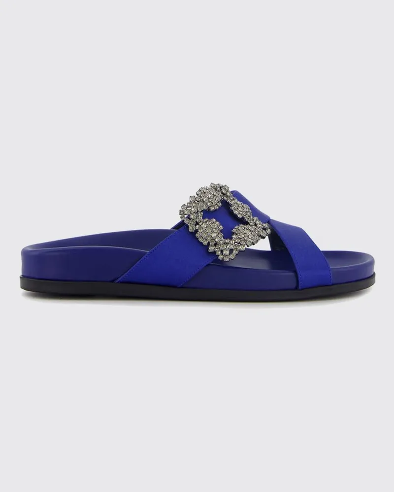 Manolo Blahnik Chilanghi Flache Seiden-Pantoletten mit Schmuckschnalle Blau