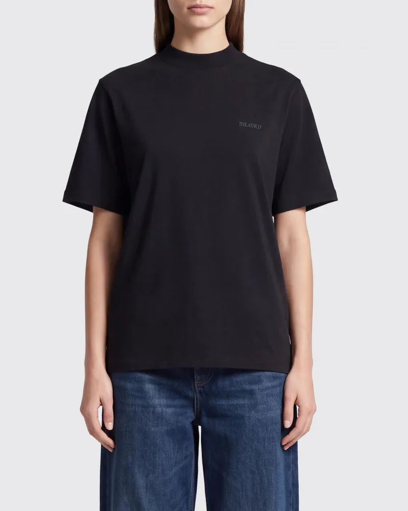 ATTICO Baumwoll-T-Shirt mit Rundhalsausschnitt mit überschnittenen Schultern und Ton-in-Ton-Logo Schwarz