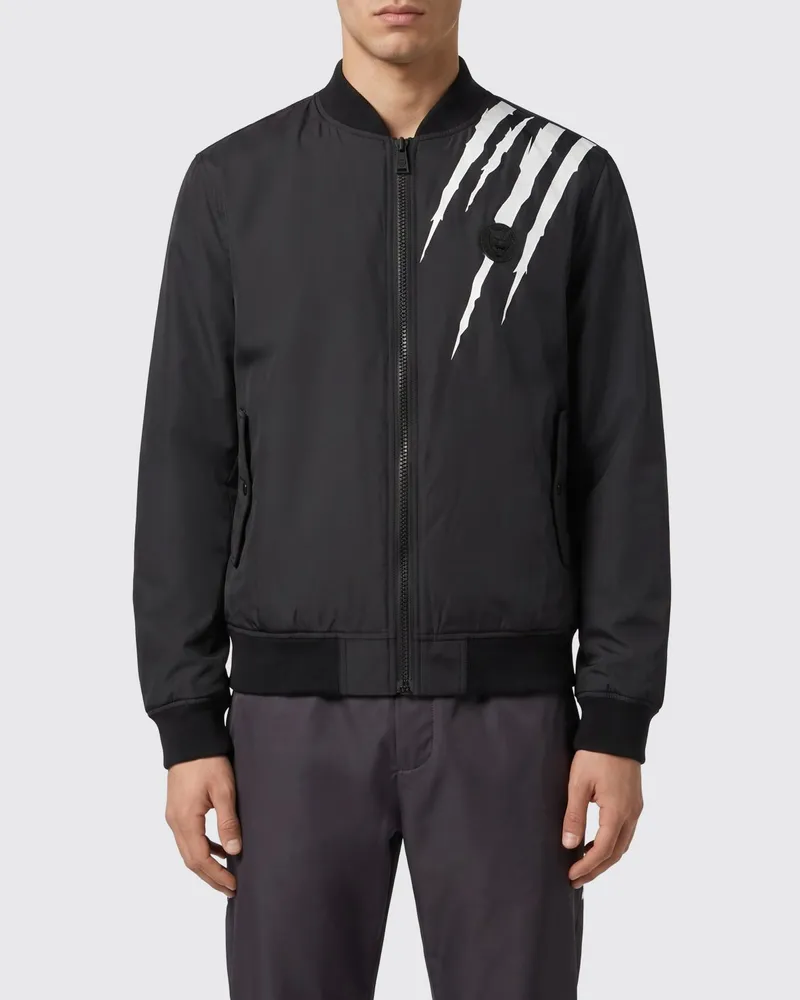 Philipp Plein Scratch Bomberjacke aus Nylon mit Kontrast-Logo und Taschen Schwarz