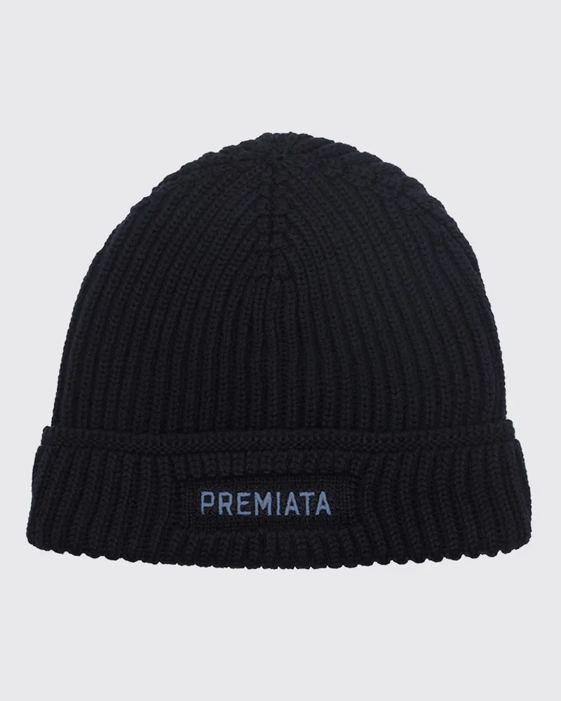 Premiata Beanie-Mütze aus reiner Merinowolle mit Kontrastlogo und Umschlag Blau