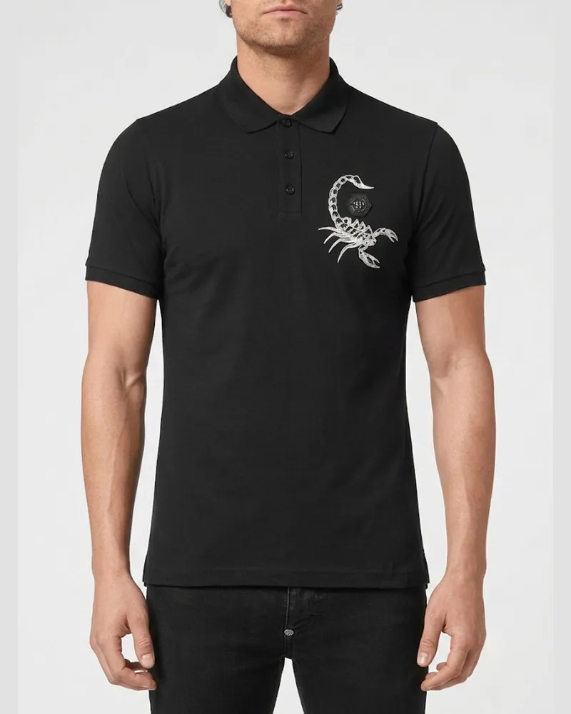 Philipp Plein Kurzärmeliges Baumwoll-Poloshirt mit kontrastierendem Logo Schwarz
