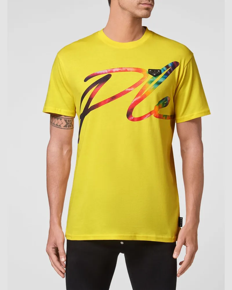 Philipp Plein Kurzärmeliges Jersey-T-Shirt mit kontrastierendem Logo-Print Gelb