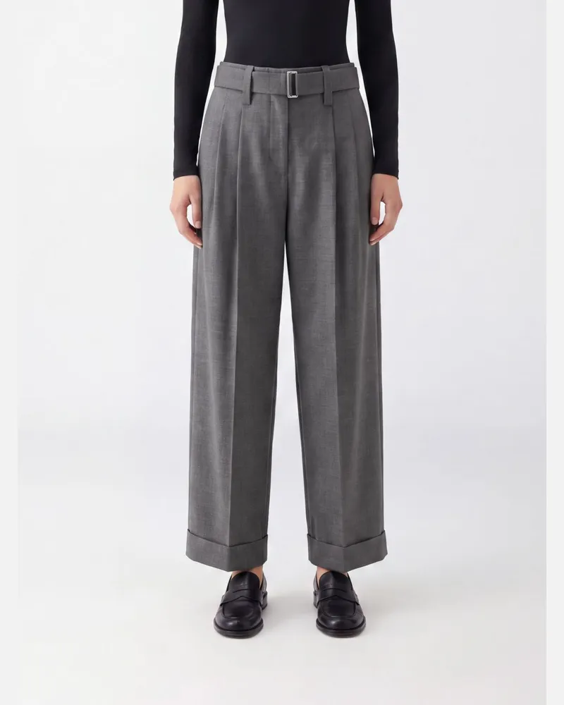 Brunello Cucinelli Cropped-Hose mit weitem Bein aus Wollmischung und Bundfalten Grau