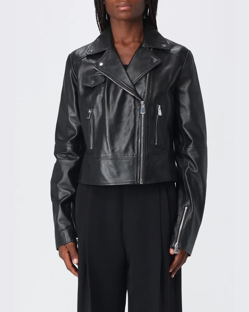 Pinko Kurze Bikerjacke New Sensibile aus Lammnappa mit asymmetrischem Reißverschluss Schwarz