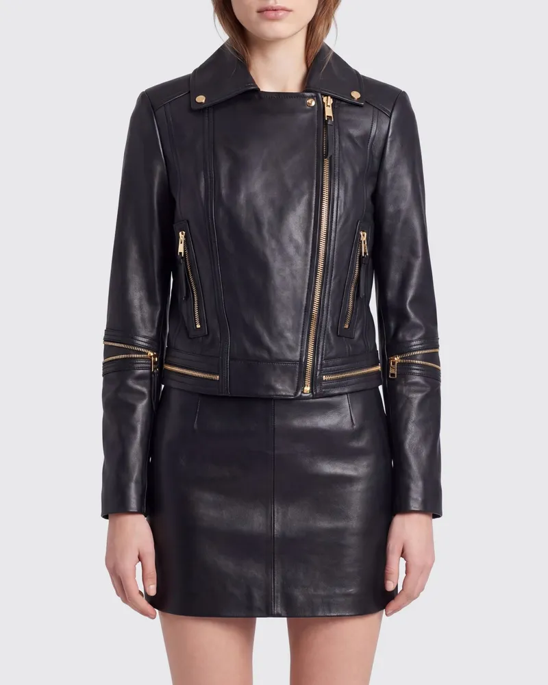 Elisabetta Franchi Slim-Fit Bikerjacke von aus Leder mit asymmetrischem Reißverschluss Schwarz