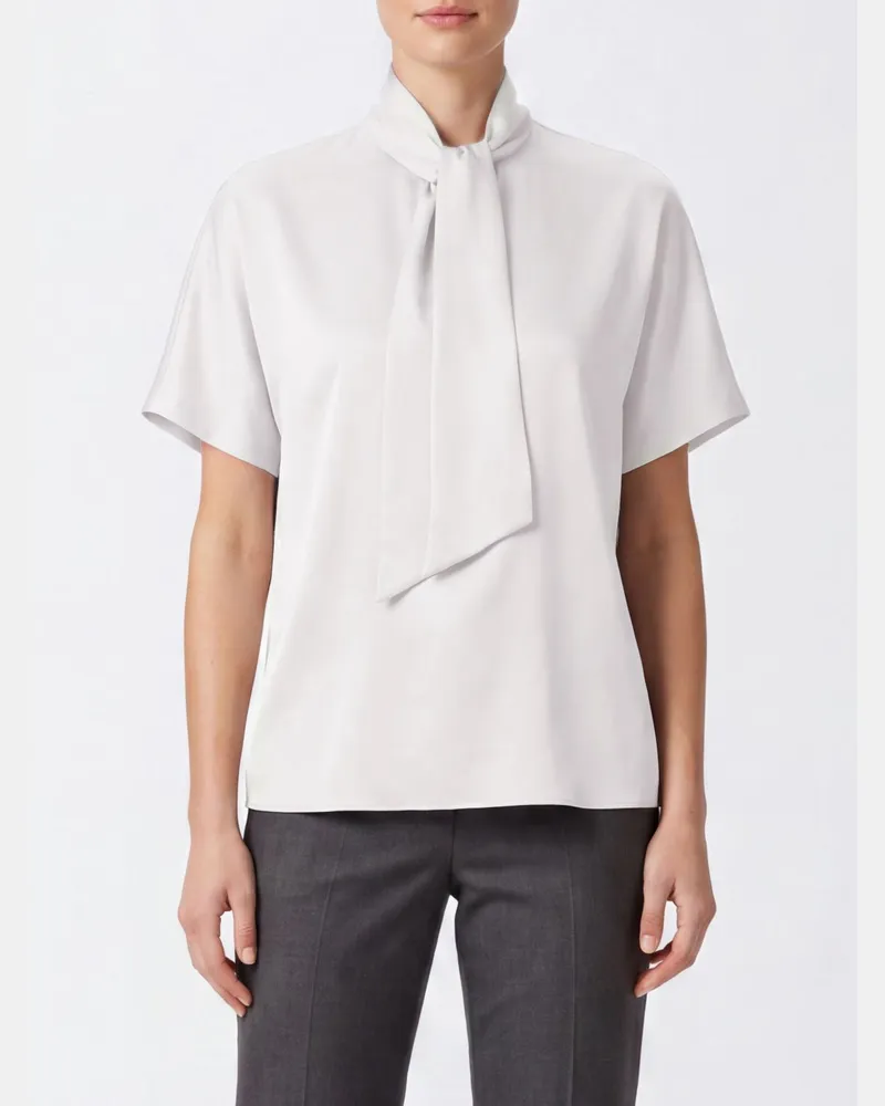 Brunello Cucinelli Seidenbluse mit Schluppe und kurzen Ärmeln Grau