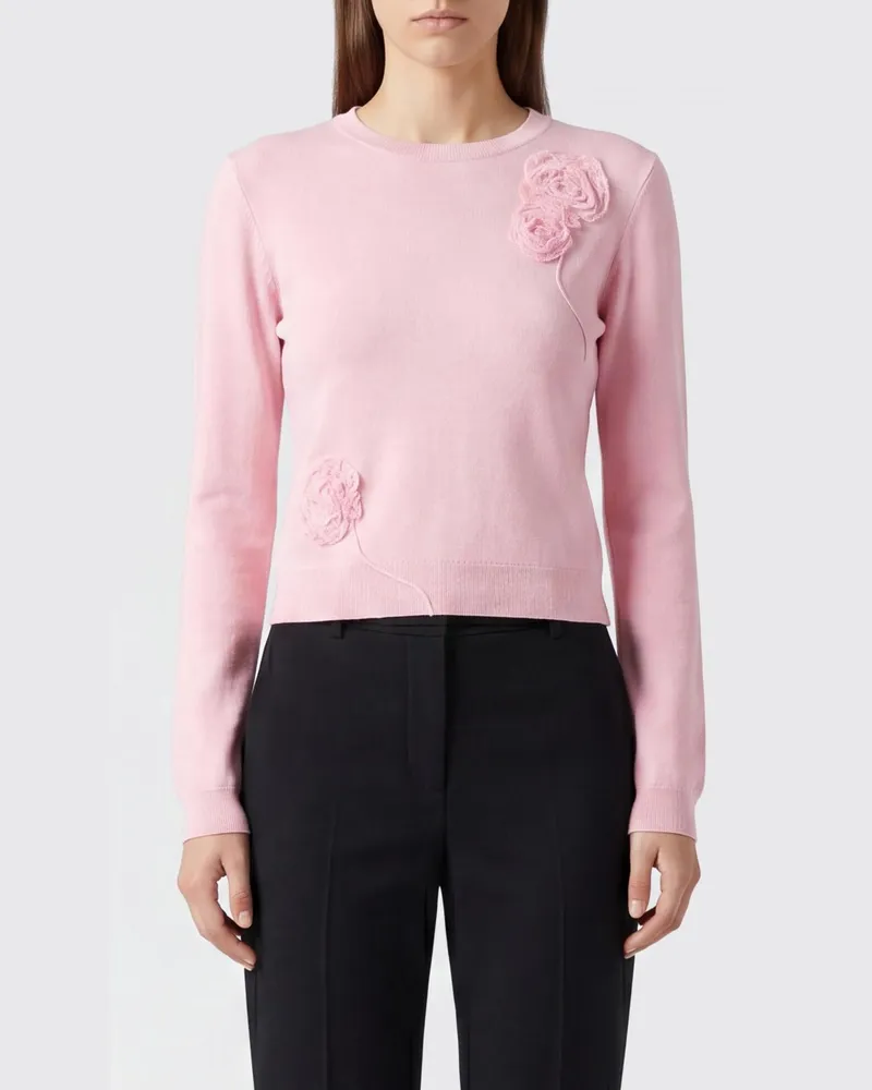 Self-Portrait Pullover mit Rundhalsausschnitt aus Woll-Seiden-Mischung mit Blumenapplikation Pink