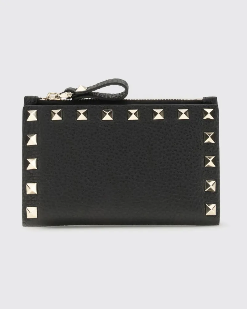 Valentino Garavani Bifold-Portemonnaie Rockstud aus genarbtem Kalbsleder mit Nieten Schwarz