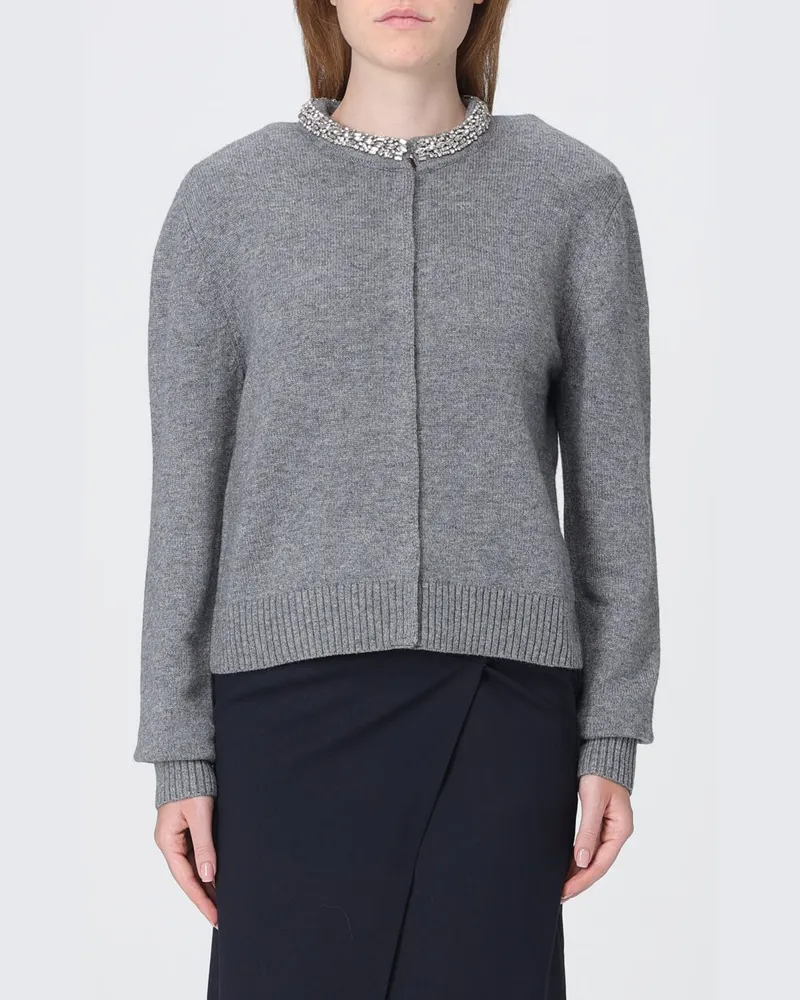 Pinko Strickjacke aus Wollmischung mit Rundhalsausschnitt und Kristallapplikationen Grau