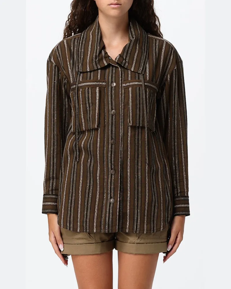 Isabel Marant Gestreifte Kurzjacke aus Baumwolle und Lurex mit Stehkragen Braun