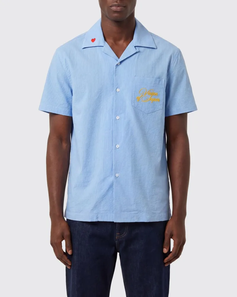 Vision Of Super Hemd aus Stretch-Baumwolle mit kubanischem Kragen und Logo Blau