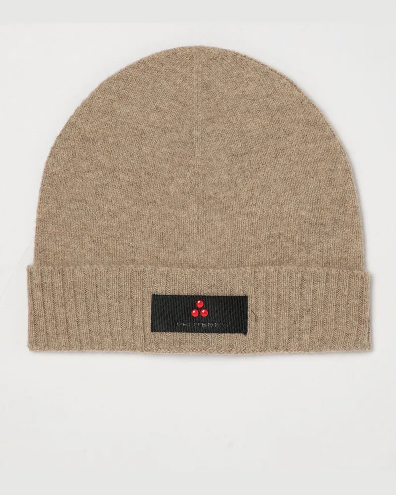 Peuterey Gerippte Beanie-Mütze aus Wollmischung mit Umschlag und Logo-Patch Beige