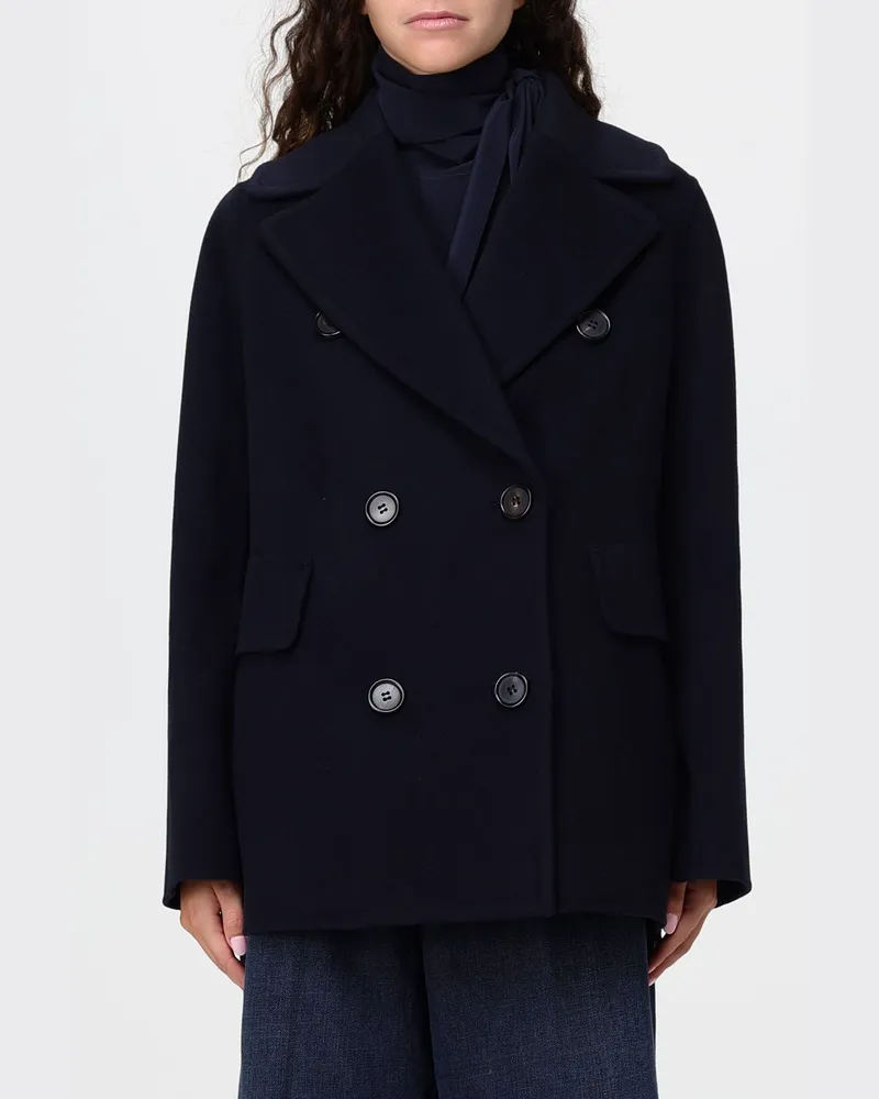 Max Mara Kurzer zweireihiger Mantel aus reiner Schurwolle mit Pattentaschen Blau