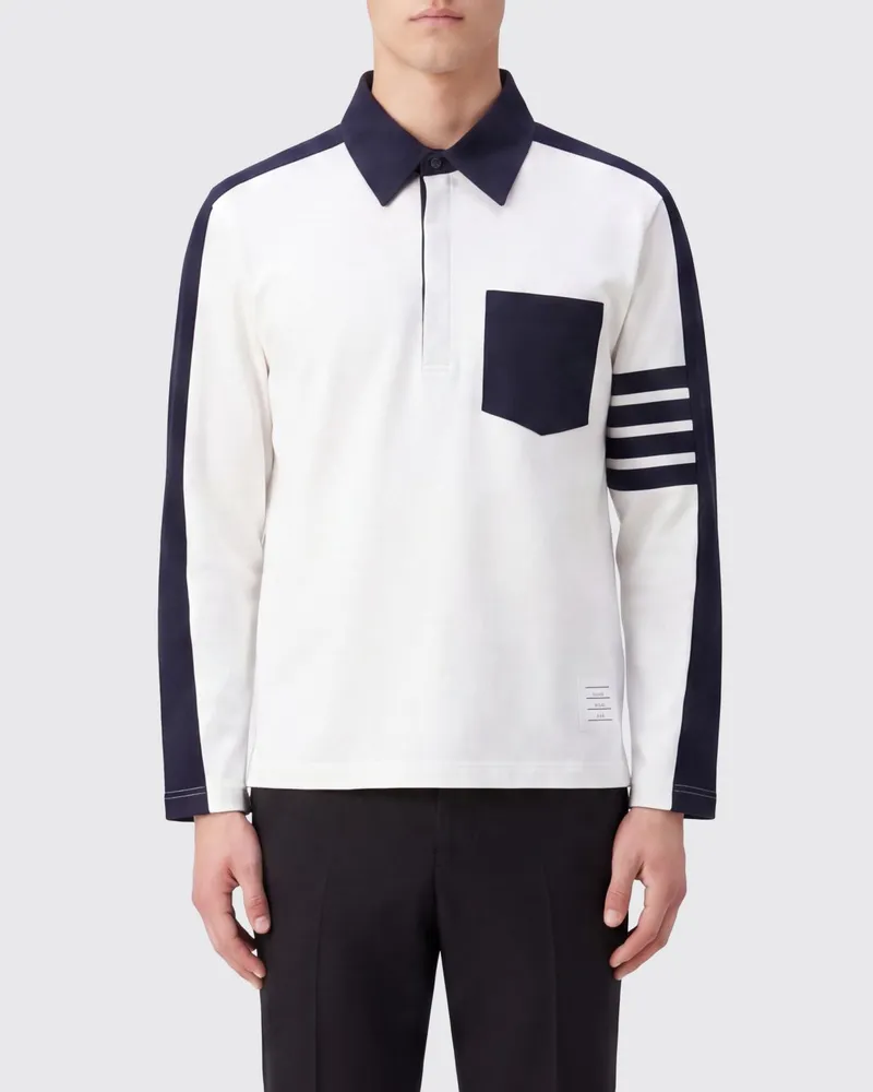 Thom Browne Langärmeliges zweifarbiges Baumwoll-Poloshirt mit 4-Bar-Logo Weiß