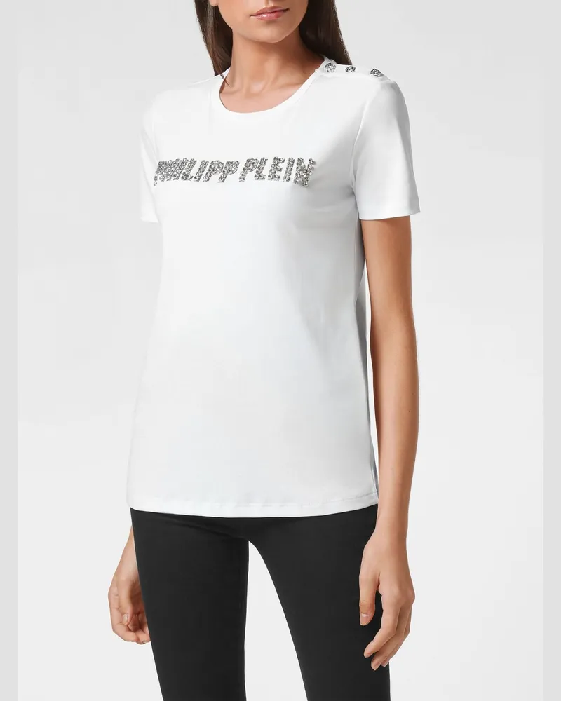 Philipp Plein Slim-Fit-Baumwoll-T-Shirt mit Strass-Logo und Knöpfen Weiß