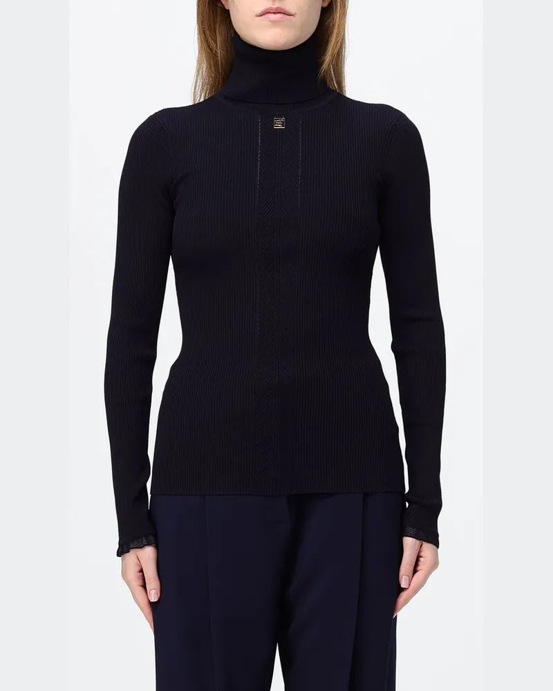 Elisabetta Franchi Slim-Fit-Rollkragenpullover aus geripptem Viskosestrick mit Logo Blau