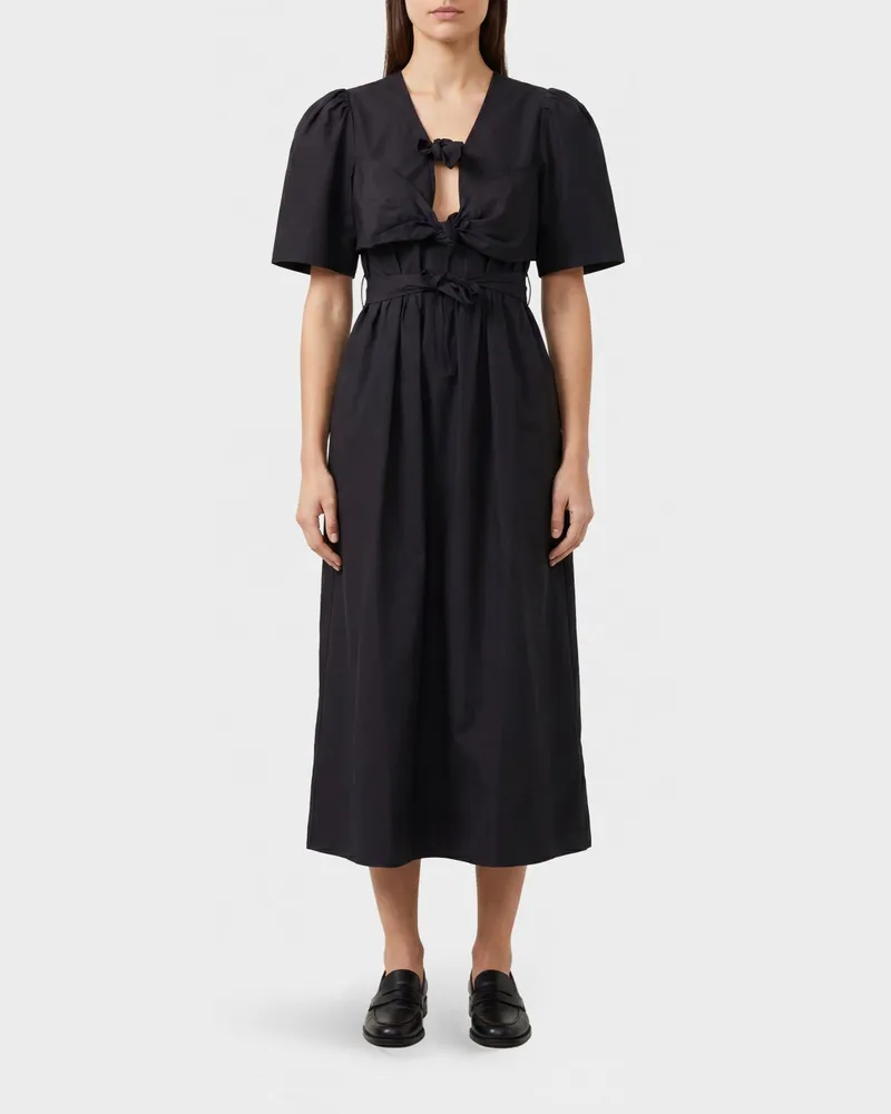 Ganni Midi-Hemdblusenkleid aus Stretch-Baumwolle mit Puffärmeln und V-Ausschnitt Schwarz
