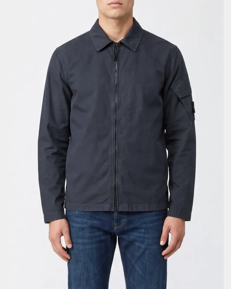 Stone Island Hemdjacke aus Baumwolle mit Reißverschluss und Compass-Logo Navy