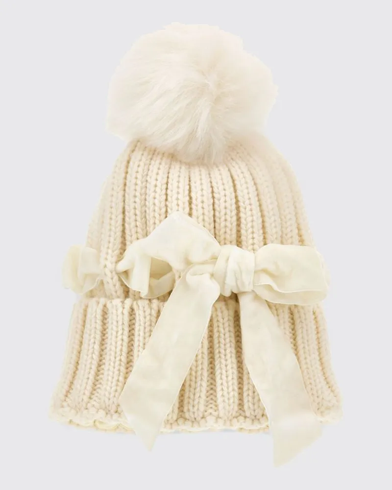 Monnalisa Mädchen-Beanie aus Wollmischung mit Teddybär-Print und Bommel Yellow