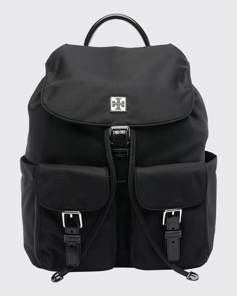 Tory Burch Virginia Rucksack aus recyceltem Nylon mit Kordelzug und Patte Schwarz