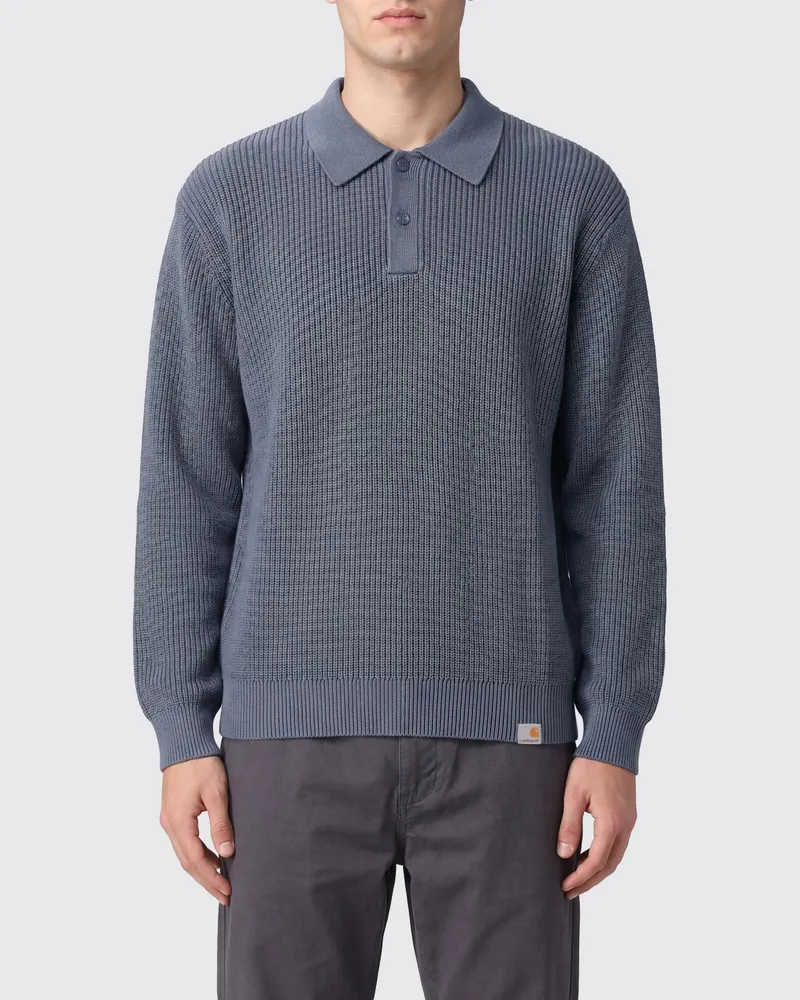 Carhartt WIP Langärmeliges Baumwollstrick-Poloshirt von mit geripptem Kragen Blau