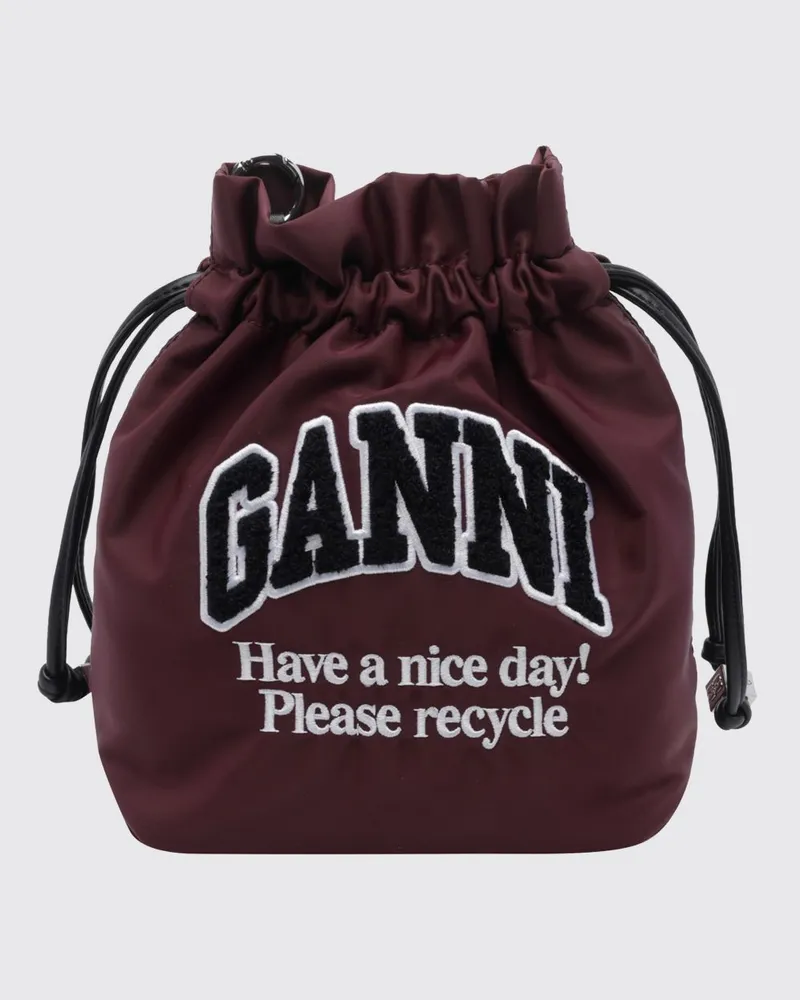 Ganni Mini-Tasche aus Nylon mit Kordelzug und Logo-Patch Weinrot