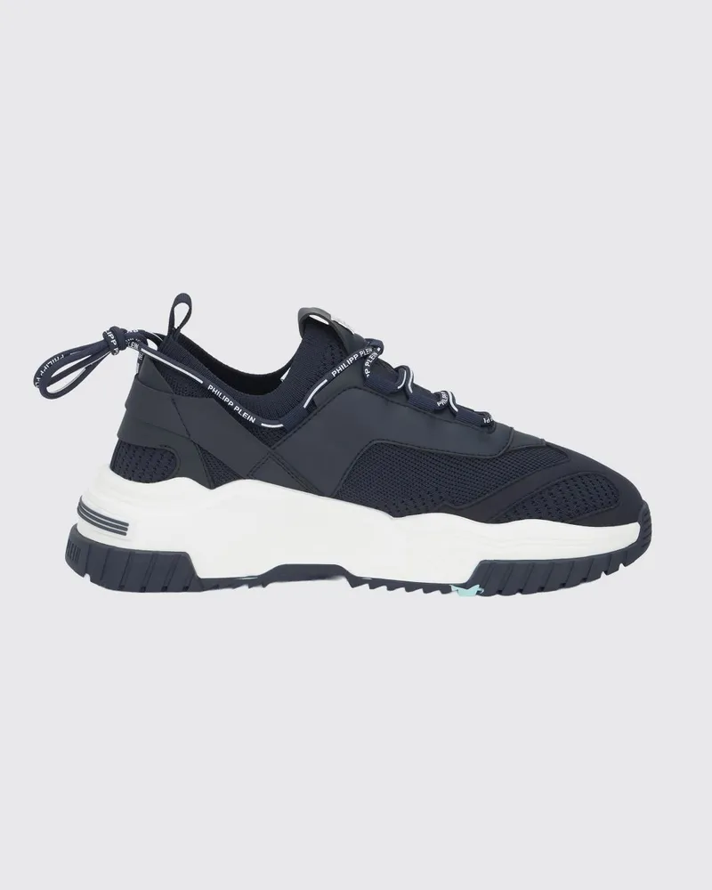 Philipp Plein Niedrige Sneakers aus Häkelstrick und Leder mit metallischem Hexagon-Logo Blau