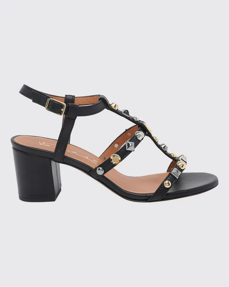 Via Roma 15 T-Steg-Sandalen aus Leder mit Nieten und mittelhohem Blockabsatz Schwarz