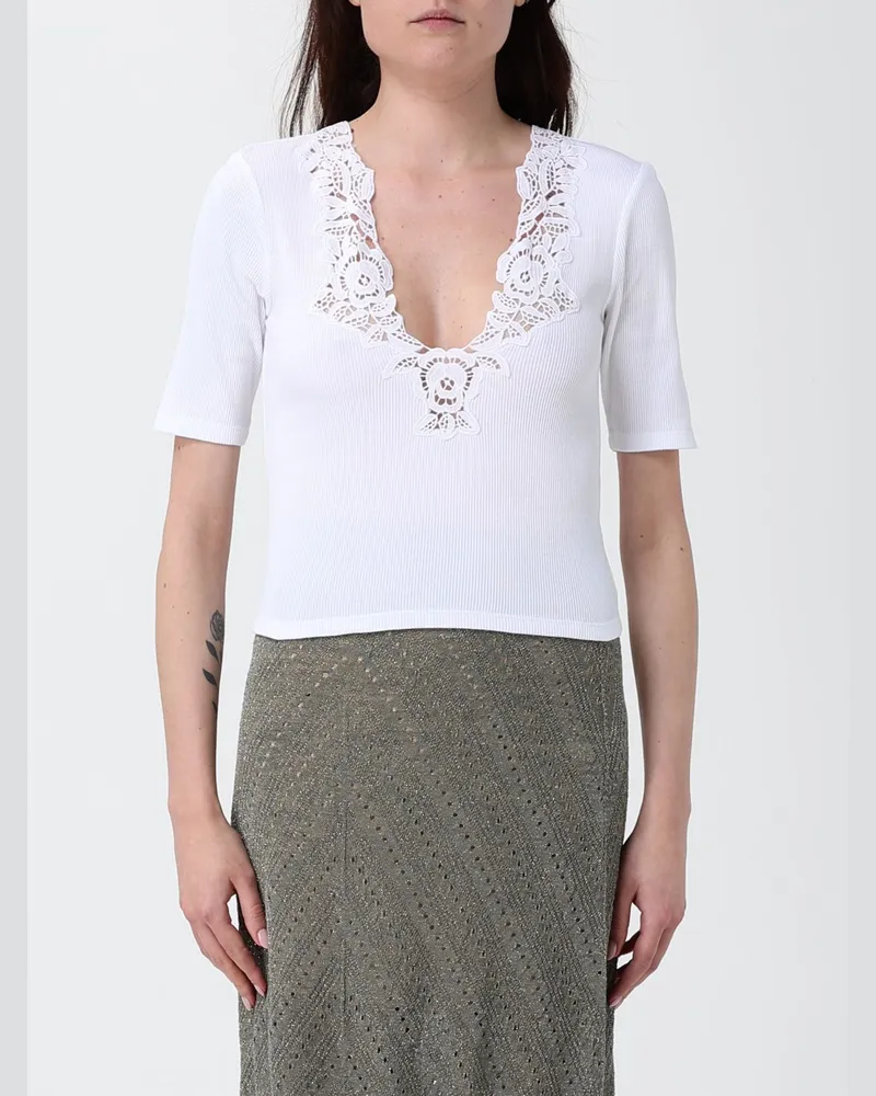 Twin-Set Slim Fit Cropped-Top aus Spitze und Baumwolle mit V-Ausschnitt Weiß