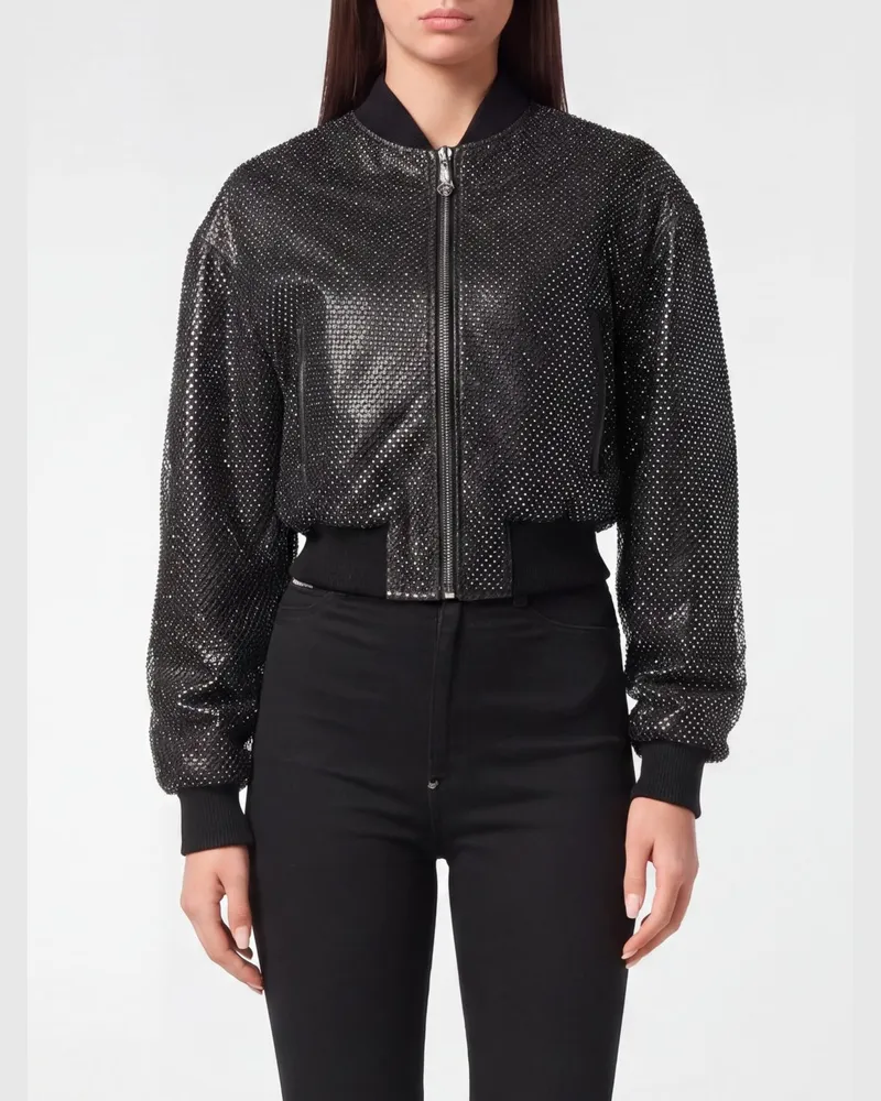 Philipp Plein Crop Bomber aus Nappa mit Allover-Kristallen Schwarz