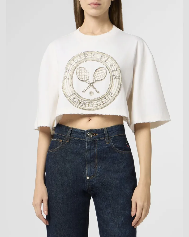 Philipp Plein Cropped T-Shirt Tennis Club aus Baumwolle mit Strass und Perlen Weiß