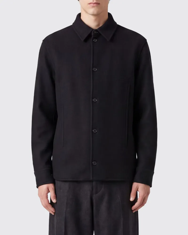 Jil Sander Hemdjacke aus reiner Wolle mit klassischem Kragen und abgerundetem Saum Schwarz
