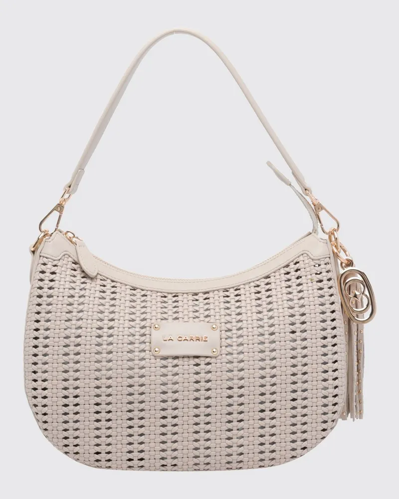 LA CARRIE Geflochtene Schultertasche mit Quasten und herausnehmbarer Pouch Weiß