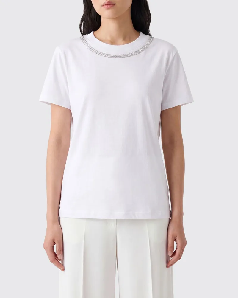 Patrizia Pepe Rundhals-T-Shirt aus Baumwolle mit Strass-Stickerei Weiß
