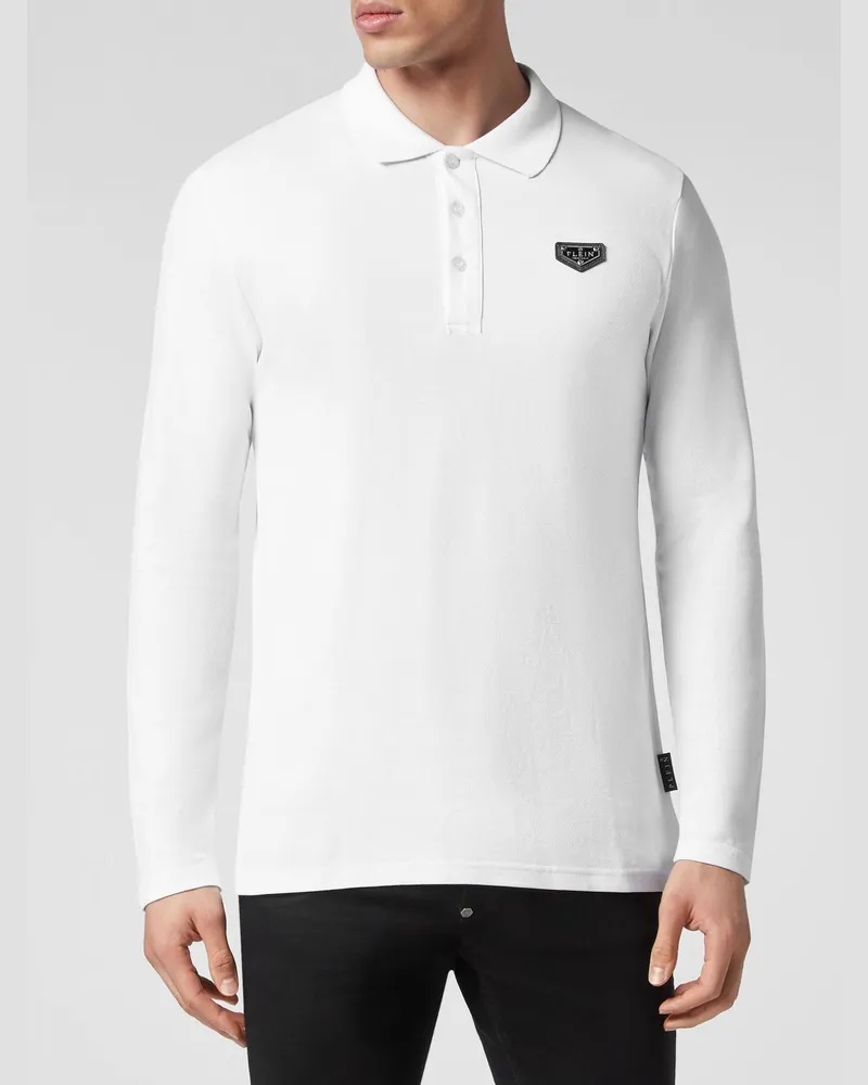 Philipp Plein Slim Fit Langarm-Poloshirt aus Baumwolle mit aufgesetztem Logo Weiß