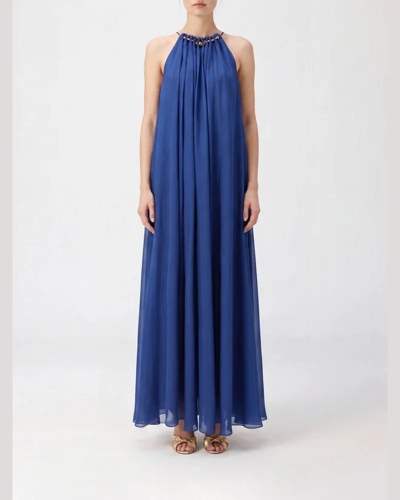 Zimmermann Langes plissiertes Seidenkleid von mit Neckholder-Ausschnitt Blau
