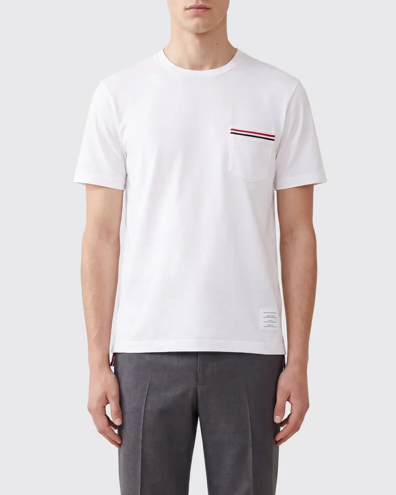 Thom Browne Bar-T-Shirt aus Baumwolle mit aufgesetzter Tasche Weiß