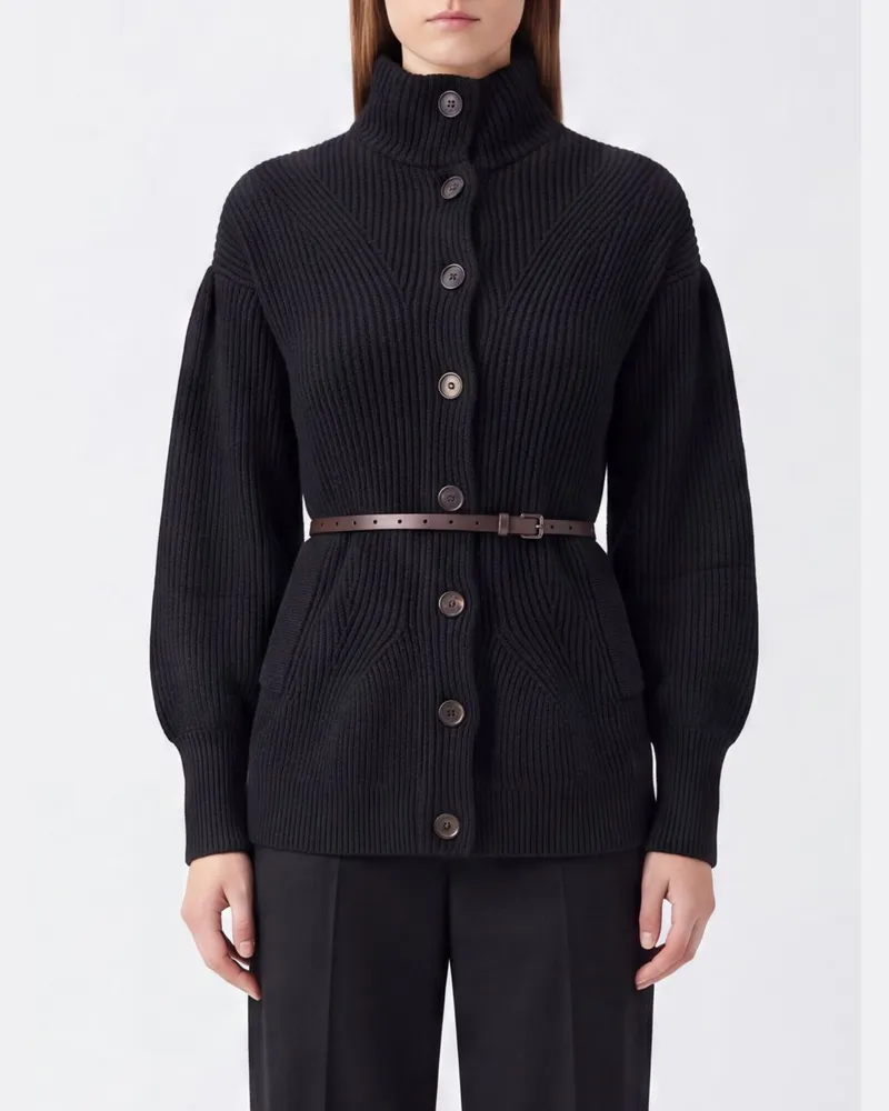 Brunello Cucinelli Rollkragen-Cardigan aus Wolle, Kaschmir und Seide mit Gürtel Schwarz