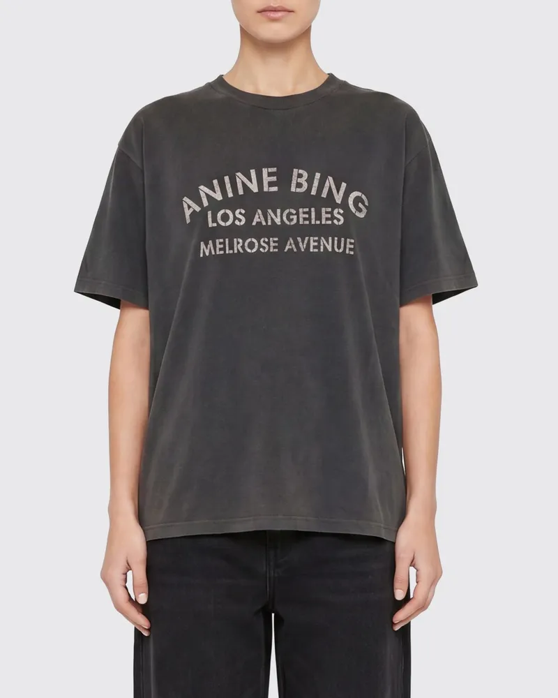 Anine Bing T-Shirt aus Baumwolle mit Slogan-Print und Kontrast-Logo Grau