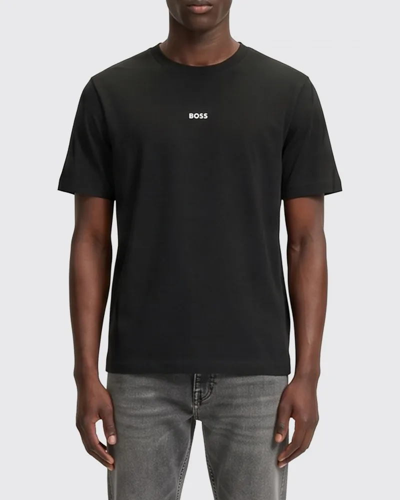 HUGO BOSS T-Shirt aus Stretch-Baumwolle mit Rundhals und Kontrastlogo Schwarz