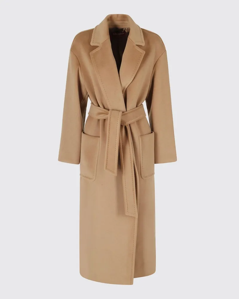 Max Mara Langer Woll-Bademantelmantel mit passendem Gürtel Camel