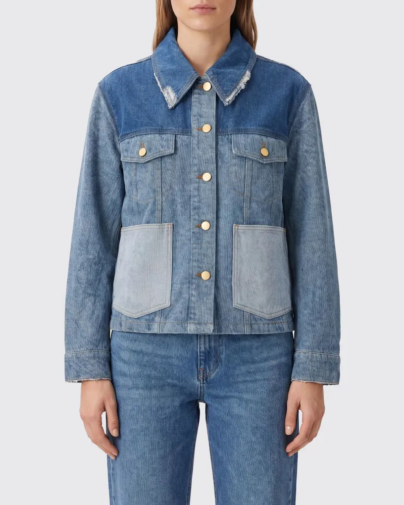 Ganni Kurze Jeansjacke aus Baumwolldenim im Patchwork-Design Blau