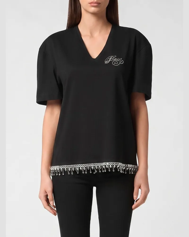 Philipp Plein Baumwoll-T-Shirt mit V-Ausschnitt, Strass-Logo und Fransen-Saum Schwarz