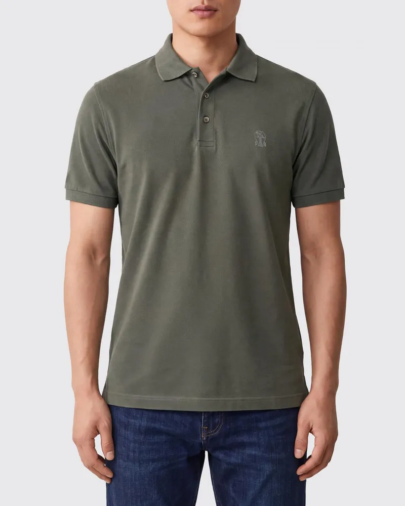 Brunello Cucinelli Kurzarm-Polohemd aus Baumwollpiqué mit gesticktem Logo Grau