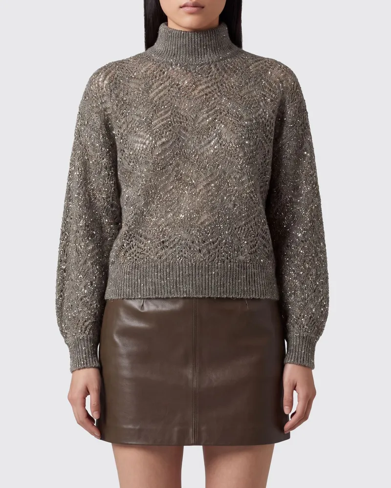 Brunello Cucinelli Rollkragenpullover aus Mohair-Mischung mit Paillettenapplikation Grau