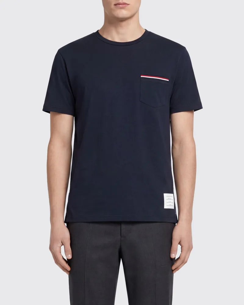 Thom Browne 4-Bar-T-Shirt aus Baumwolle mit aufgesetzter Tasche Blau