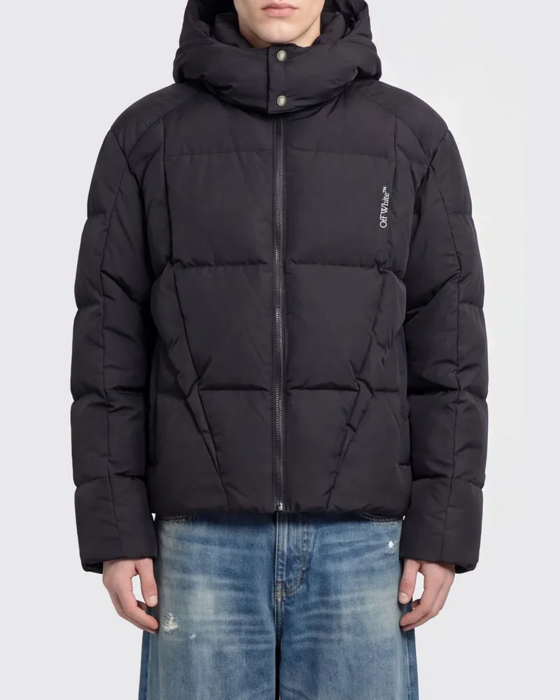 OFF-WHITE Kurze gesteppte Daunenjacke aus technischem Gewebe mit Kapuze Schwarz