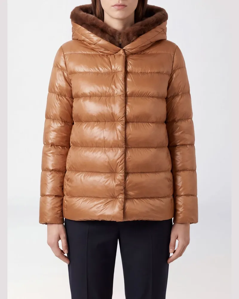 Herno Wasserabweisende Daunenjacke aus Nylon mit Shearling-Kapuze Camel